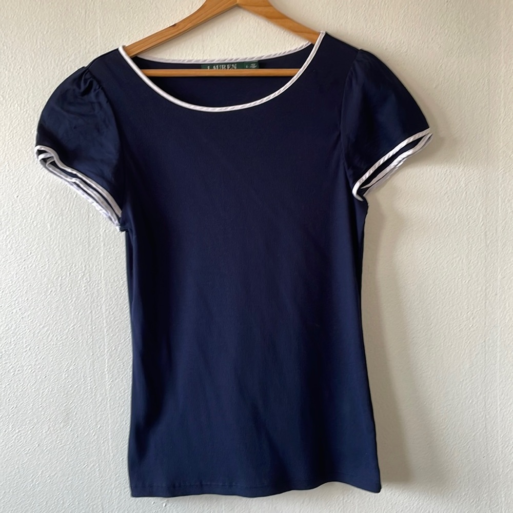 Lauren Ralph Lauren Ribbed Navy Tee 100% Cotton Poplin Cap Sleeve Piping